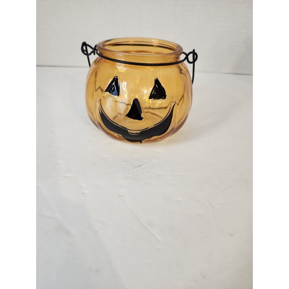 Halloween Glass Pumpkin Jack-O-Lantern Tealight Candleholder Candy Bowl